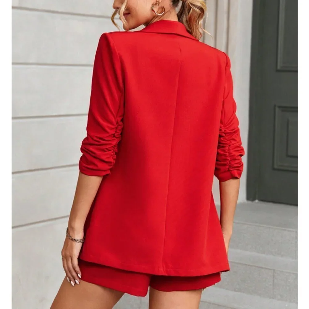 red classy Shawl Collar Ruched Sleeve Blazer & Shorts